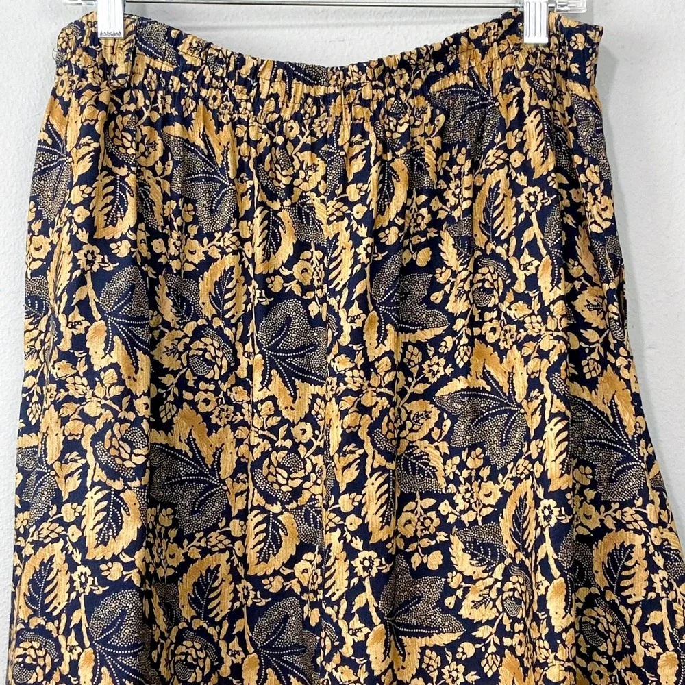 Vintage 90s The Villager Midi Skirt Size L Navy Gold Floral Paisley Cottagecore‎